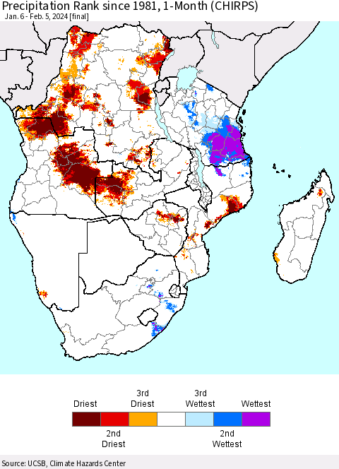 Southern Africa Precipitation Rank since 1981, 1-Month (CHIRPS) Thematic Map For 1/6/2024 - 2/5/2024