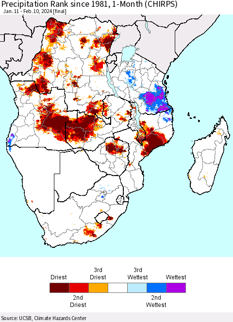 Southern Africa Precipitation Rank since 1981, 1-Month (CHIRPS) Thematic Map For 1/11/2024 - 2/10/2024