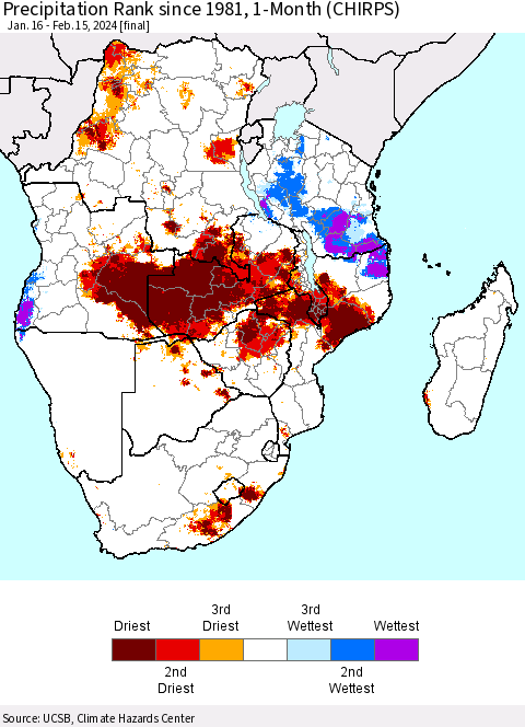 Southern Africa Precipitation Rank since 1981, 1-Month (CHIRPS) Thematic Map For 1/16/2024 - 2/15/2024
