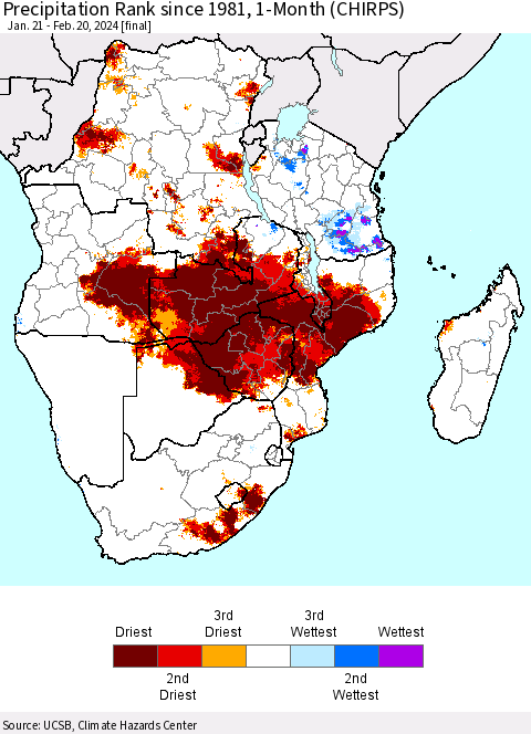 Southern Africa Precipitation Rank since 1981, 1-Month (CHIRPS) Thematic Map For 1/21/2024 - 2/20/2024