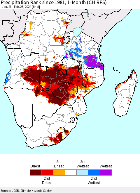 Southern Africa Precipitation Rank since 1981, 1-Month (CHIRPS) Thematic Map For 1/26/2024 - 2/25/2024