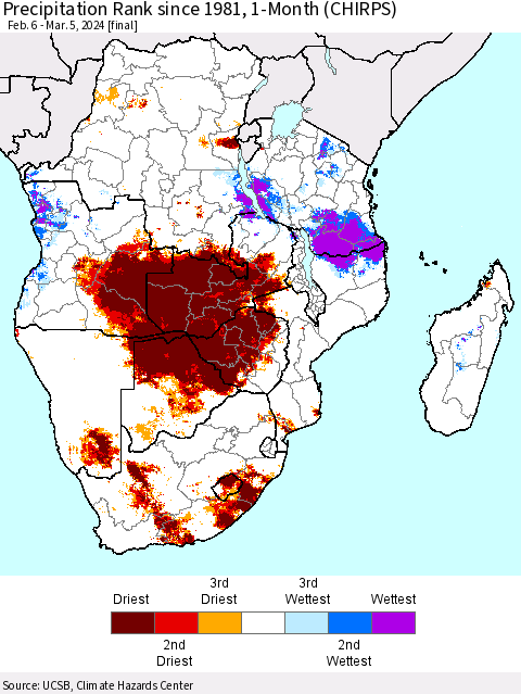 Southern Africa Precipitation Rank since 1981, 1-Month (CHIRPS) Thematic Map For 2/6/2024 - 3/5/2024