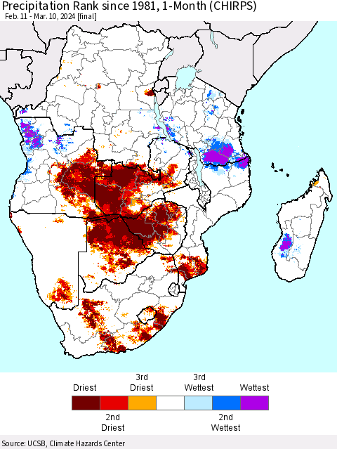 Southern Africa Precipitation Rank since 1981, 1-Month (CHIRPS) Thematic Map For 2/11/2024 - 3/10/2024