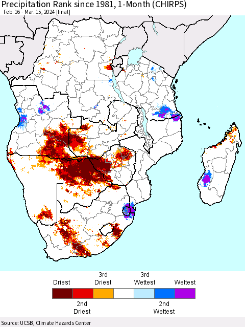 Southern Africa Precipitation Rank since 1981, 1-Month (CHIRPS) Thematic Map For 2/16/2024 - 3/15/2024