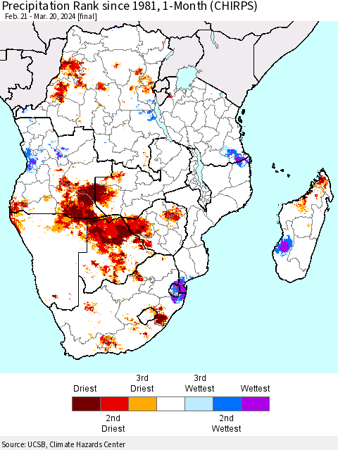 Southern Africa Precipitation Rank since 1981, 1-Month (CHIRPS) Thematic Map For 2/21/2024 - 3/20/2024