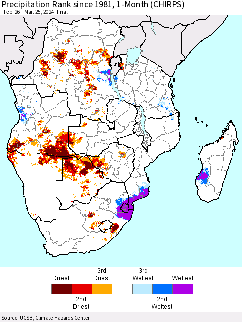 Southern Africa Precipitation Rank since 1981, 1-Month (CHIRPS) Thematic Map For 2/26/2024 - 3/25/2024