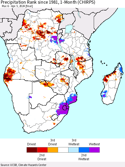 Southern Africa Precipitation Rank since 1981, 1-Month (CHIRPS) Thematic Map For 3/6/2024 - 4/5/2024