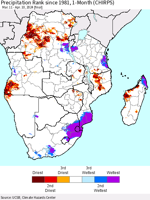 Southern Africa Precipitation Rank since 1981, 1-Month (CHIRPS) Thematic Map For 3/11/2024 - 4/10/2024
