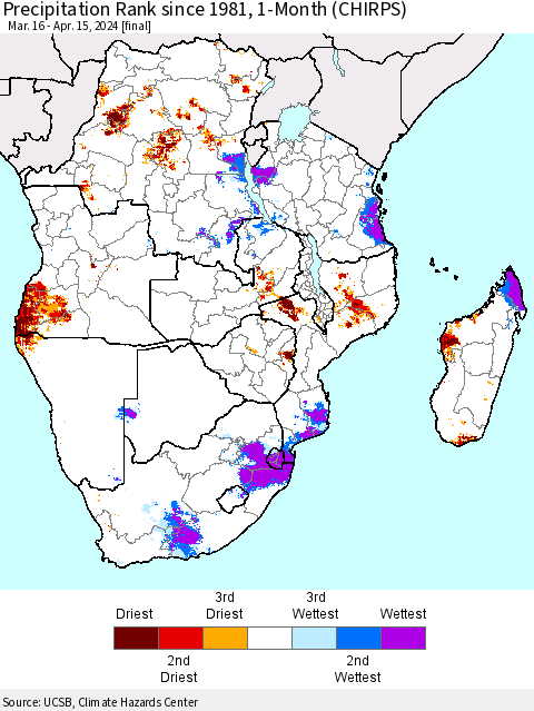 Southern Africa Precipitation Rank since 1981, 1-Month (CHIRPS) Thematic Map For 3/16/2024 - 4/15/2024