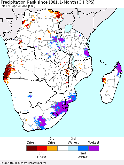 Southern Africa Precipitation Rank since 1981, 1-Month (CHIRPS) Thematic Map For 3/21/2024 - 4/20/2024
