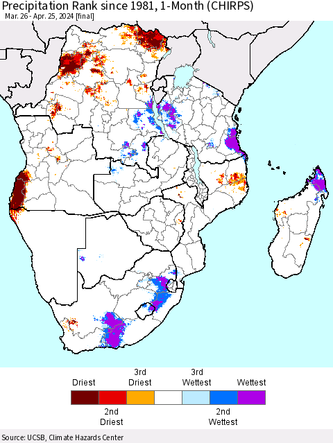 Southern Africa Precipitation Rank since 1981, 1-Month (CHIRPS) Thematic Map For 3/26/2024 - 4/25/2024