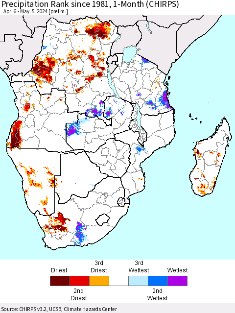 Southern Africa Precipitation Rank since 1981, 1-Month (CHIRPS) Thematic Map For 4/6/2024 - 5/5/2024