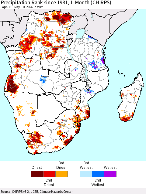 Southern Africa Precipitation Rank since 1981, 1-Month (CHIRPS) Thematic Map For 4/11/2024 - 5/10/2024