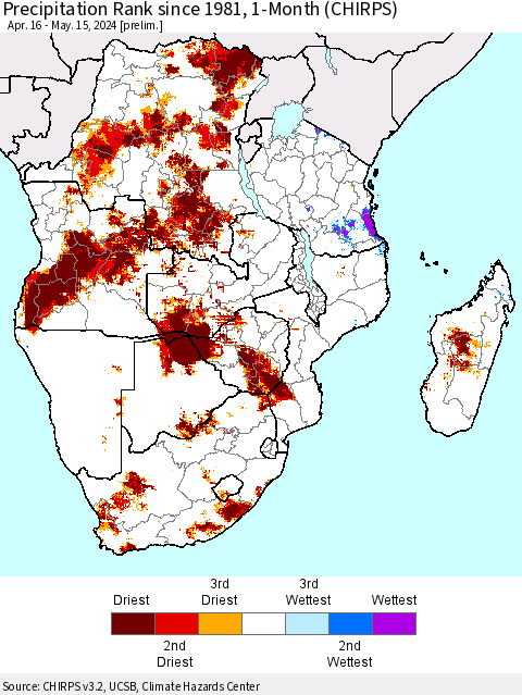 Southern Africa Precipitation Rank since 1981, 1-Month (CHIRPS) Thematic Map For 4/16/2024 - 5/15/2024