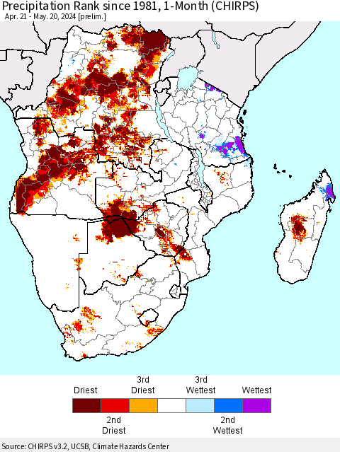 Southern Africa Precipitation Rank since 1981, 1-Month (CHIRPS) Thematic Map For 4/21/2024 - 5/20/2024