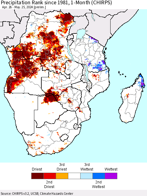 Southern Africa Precipitation Rank since 1981, 1-Month (CHIRPS) Thematic Map For 4/26/2024 - 5/25/2024