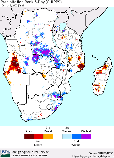 Southern Africa Precipitation Rank since 1981, 5-Day (CHIRPS) Thematic Map For 10/1/2021 - 10/5/2021
