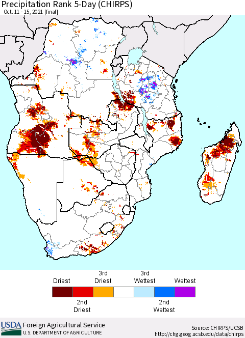 Southern Africa Precipitation Rank since 1981, 5-Day (CHIRPS) Thematic Map For 10/11/2021 - 10/15/2021