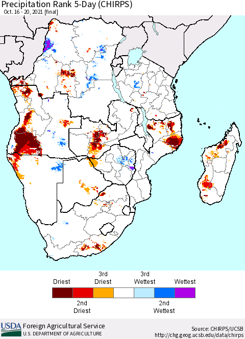 Southern Africa Precipitation Rank since 1981, 5-Day (CHIRPS) Thematic Map For 10/16/2021 - 10/20/2021