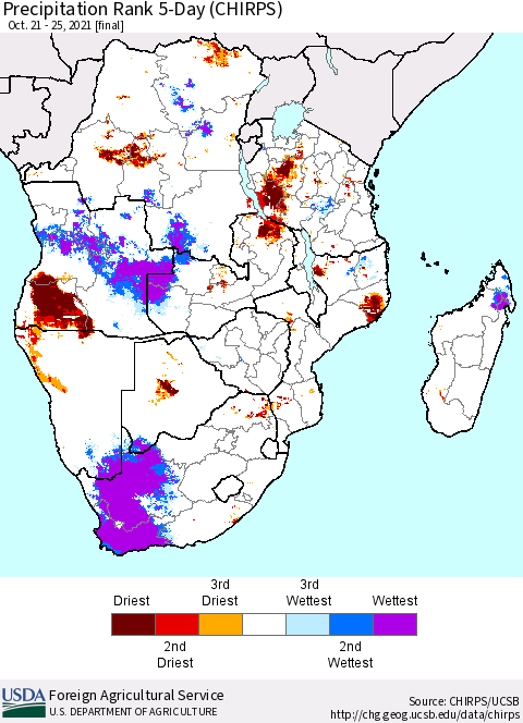 Southern Africa Precipitation Rank since 1981, 5-Day (CHIRPS) Thematic Map For 10/21/2021 - 10/25/2021