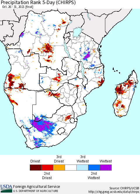 Southern Africa Precipitation Rank since 1981, 5-Day (CHIRPS) Thematic Map For 10/26/2021 - 10/31/2021