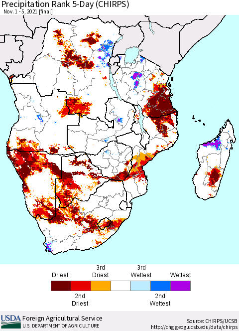 Southern Africa Precipitation Rank since 1981, 5-Day (CHIRPS) Thematic Map For 11/1/2021 - 11/5/2021