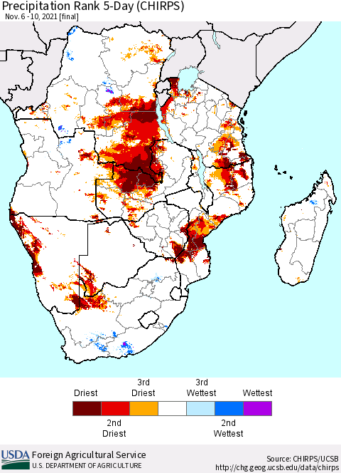 Southern Africa Precipitation Rank since 1981, 5-Day (CHIRPS) Thematic Map For 11/6/2021 - 11/10/2021