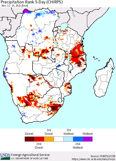 Southern Africa Precipitation Rank since 1981, 5-Day (CHIRPS) Thematic Map For 11/11/2021 - 11/15/2021