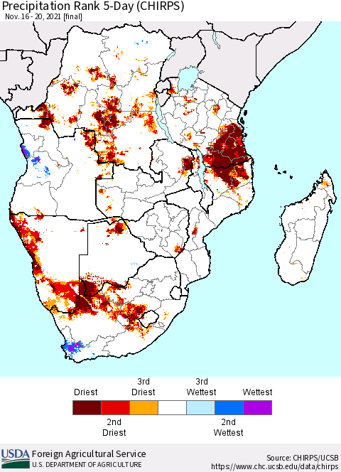 Southern Africa Precipitation Rank since 1981, 5-Day (CHIRPS) Thematic Map For 11/16/2021 - 11/20/2021