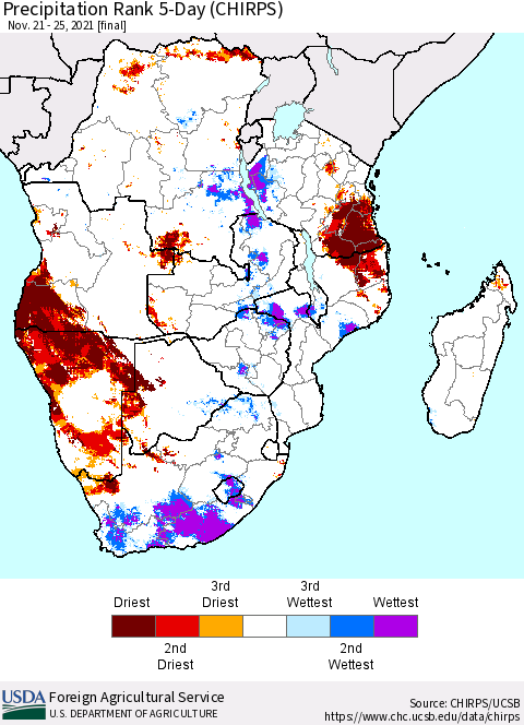 Southern Africa Precipitation Rank since 1981, 5-Day (CHIRPS) Thematic Map For 11/21/2021 - 11/25/2021