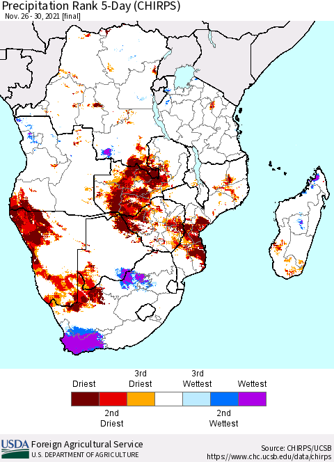 Southern Africa Precipitation Rank since 1981, 5-Day (CHIRPS) Thematic Map For 11/26/2021 - 11/30/2021