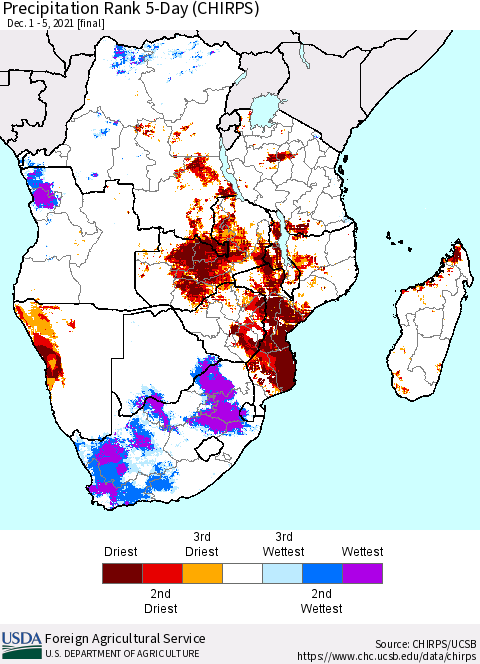 Southern Africa Precipitation Rank since 1981, 5-Day (CHIRPS) Thematic Map For 12/1/2021 - 12/5/2021