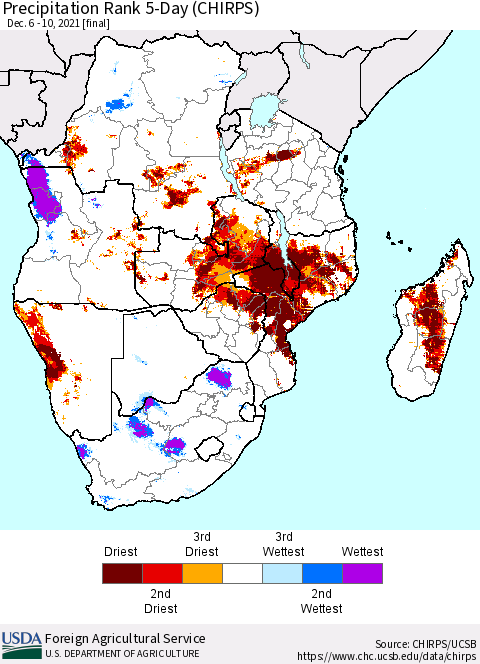 Southern Africa Precipitation Rank since 1981, 5-Day (CHIRPS) Thematic Map For 12/6/2021 - 12/10/2021