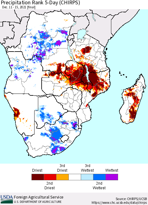 Southern Africa Precipitation Rank since 1981, 5-Day (CHIRPS) Thematic Map For 12/11/2021 - 12/15/2021