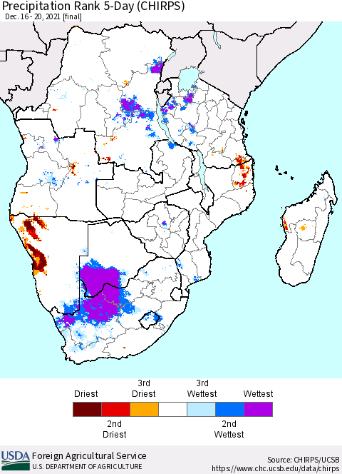 Southern Africa Precipitation Rank since 1981, 5-Day (CHIRPS) Thematic Map For 12/16/2021 - 12/20/2021