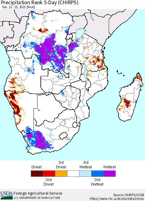 Southern Africa Precipitation Rank since 1981, 5-Day (CHIRPS) Thematic Map For 12/21/2021 - 12/25/2021