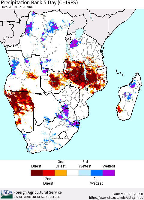 Southern Africa Precipitation Rank since 1981, 5-Day (CHIRPS) Thematic Map For 12/26/2021 - 12/31/2021