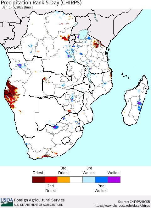 Southern Africa Precipitation Rank since 1981, 5-Day (CHIRPS) Thematic Map For 1/1/2022 - 1/5/2022