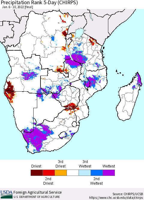 Southern Africa Precipitation Rank since 1981, 5-Day (CHIRPS) Thematic Map For 1/6/2022 - 1/10/2022
