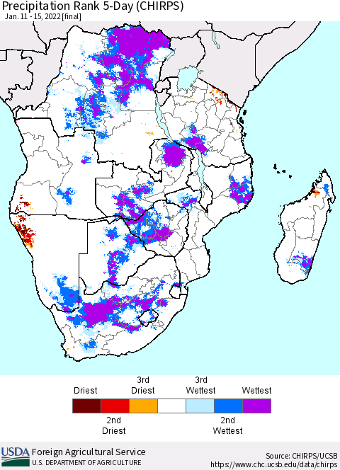 Southern Africa Precipitation Rank since 1981, 5-Day (CHIRPS) Thematic Map For 1/11/2022 - 1/15/2022