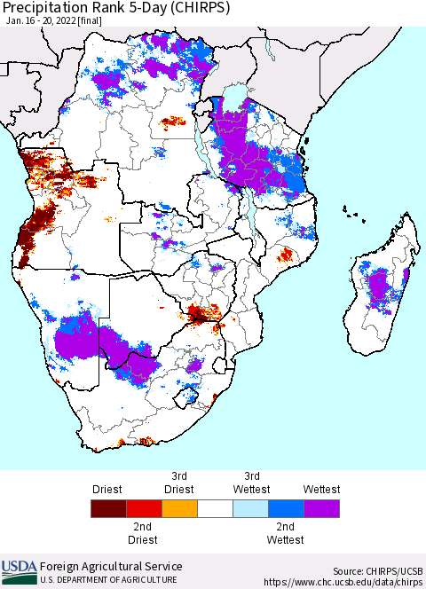 Southern Africa Precipitation Rank since 1981, 5-Day (CHIRPS) Thematic Map For 1/16/2022 - 1/20/2022