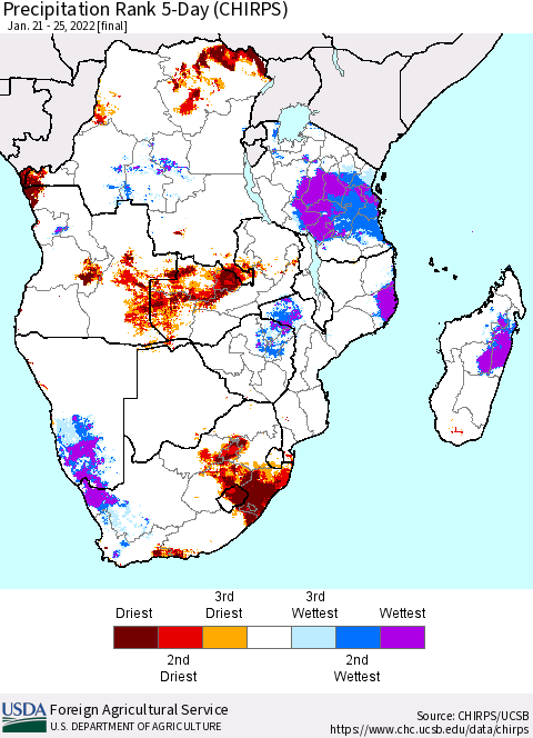 Southern Africa Precipitation Rank since 1981, 5-Day (CHIRPS) Thematic Map For 1/21/2022 - 1/25/2022