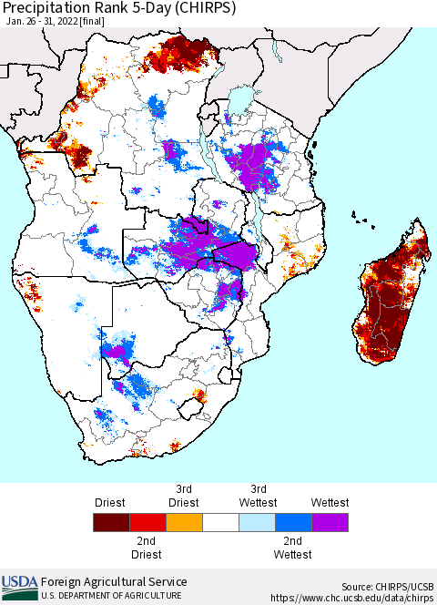 Southern Africa Precipitation Rank since 1981, 5-Day (CHIRPS) Thematic Map For 1/26/2022 - 1/31/2022