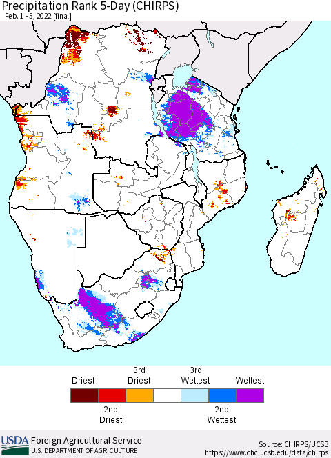 Southern Africa Precipitation Rank since 1981, 5-Day (CHIRPS) Thematic Map For 2/1/2022 - 2/5/2022