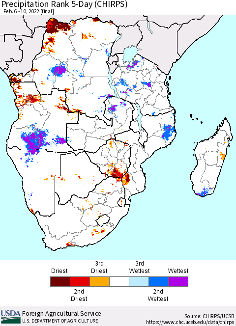 Southern Africa Precipitation Rank since 1981, 5-Day (CHIRPS) Thematic Map For 2/6/2022 - 2/10/2022