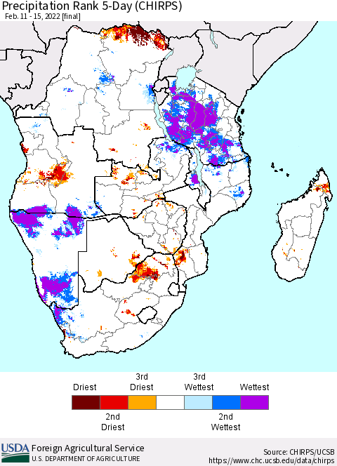 Southern Africa Precipitation Rank since 1981, 5-Day (CHIRPS) Thematic Map For 2/11/2022 - 2/15/2022