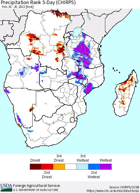 Southern Africa Precipitation Rank since 1981, 5-Day (CHIRPS) Thematic Map For 2/16/2022 - 2/20/2022