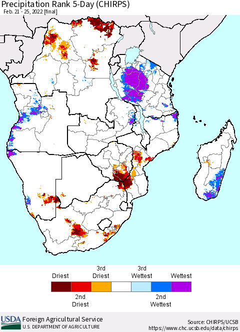 Southern Africa Precipitation Rank since 1981, 5-Day (CHIRPS) Thematic Map For 2/21/2022 - 2/25/2022