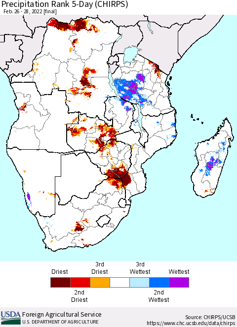 Southern Africa Precipitation Rank since 1981, 5-Day (CHIRPS) Thematic Map For 2/26/2022 - 2/28/2022