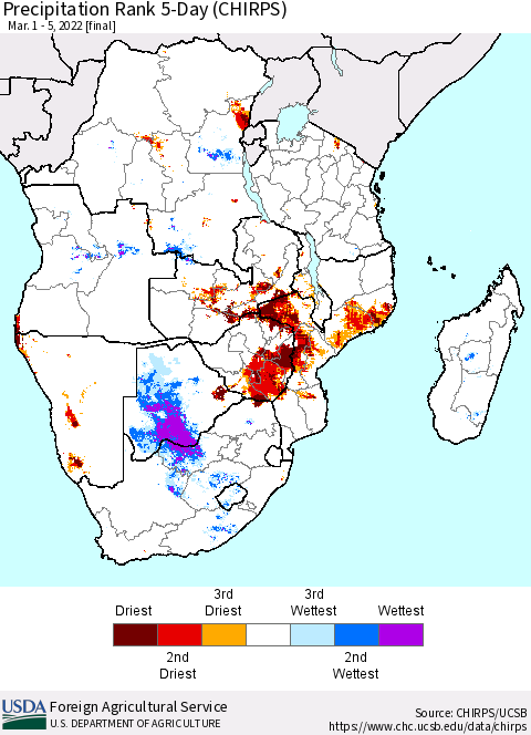 Southern Africa Precipitation Rank since 1981, 5-Day (CHIRPS) Thematic Map For 3/1/2022 - 3/5/2022